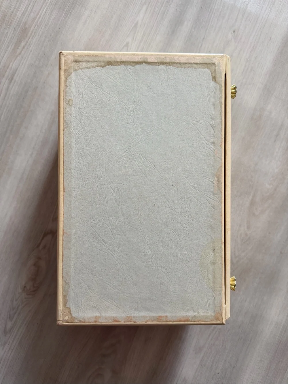 Vintage Mid Century Jewelry Box Faux Leather Ivory Red Lining